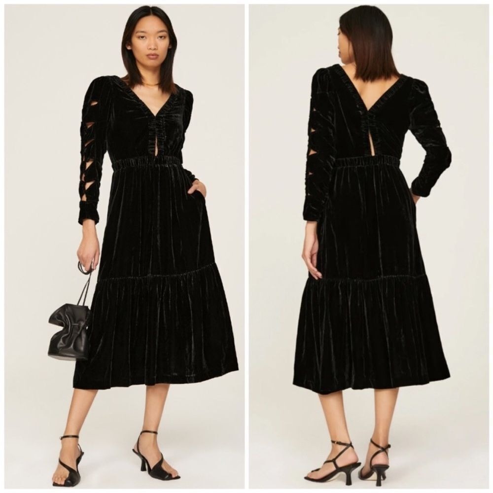 Sea New York Mayde Velvet Black Long Sleeve Cut Out Cutout Midi Size 2